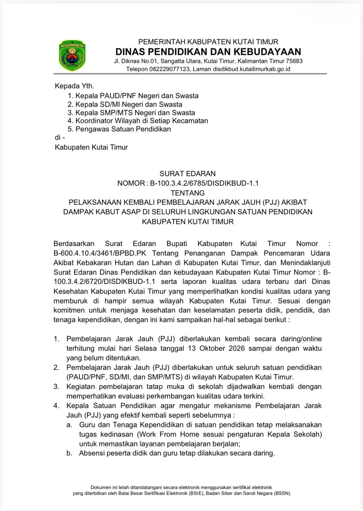 Udara Memburuk, Kutim Kembali Berlakukan PJJ