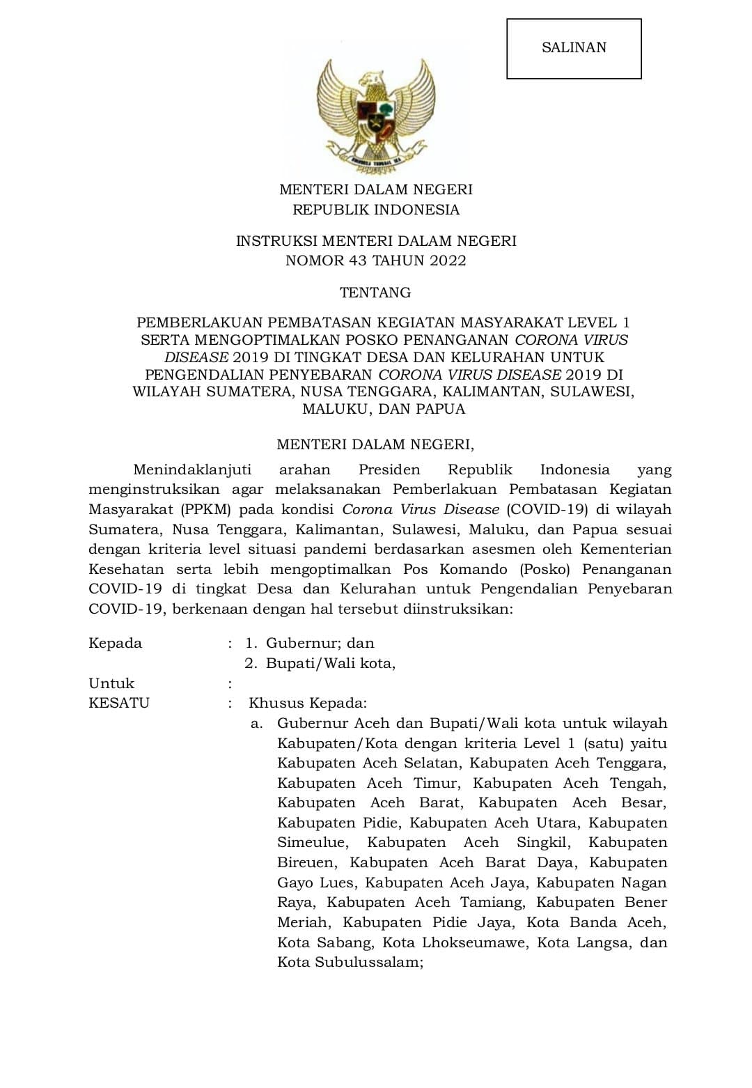 Mulai Hari Ini, Se-Indonesia Berstatus PPKM Level 1