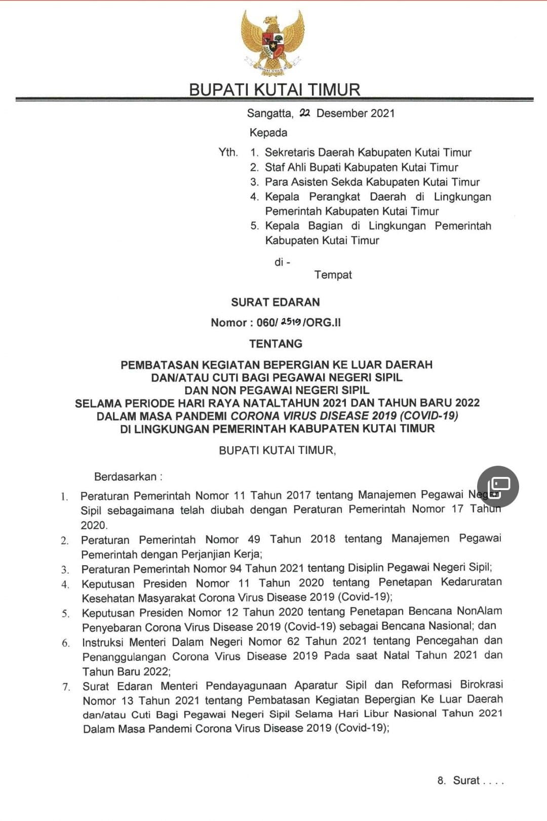 Bupati Larang ASN dan TK2D Kutim ke Luar Daerah - Selama Cuti, Natal dan Tahun Baru