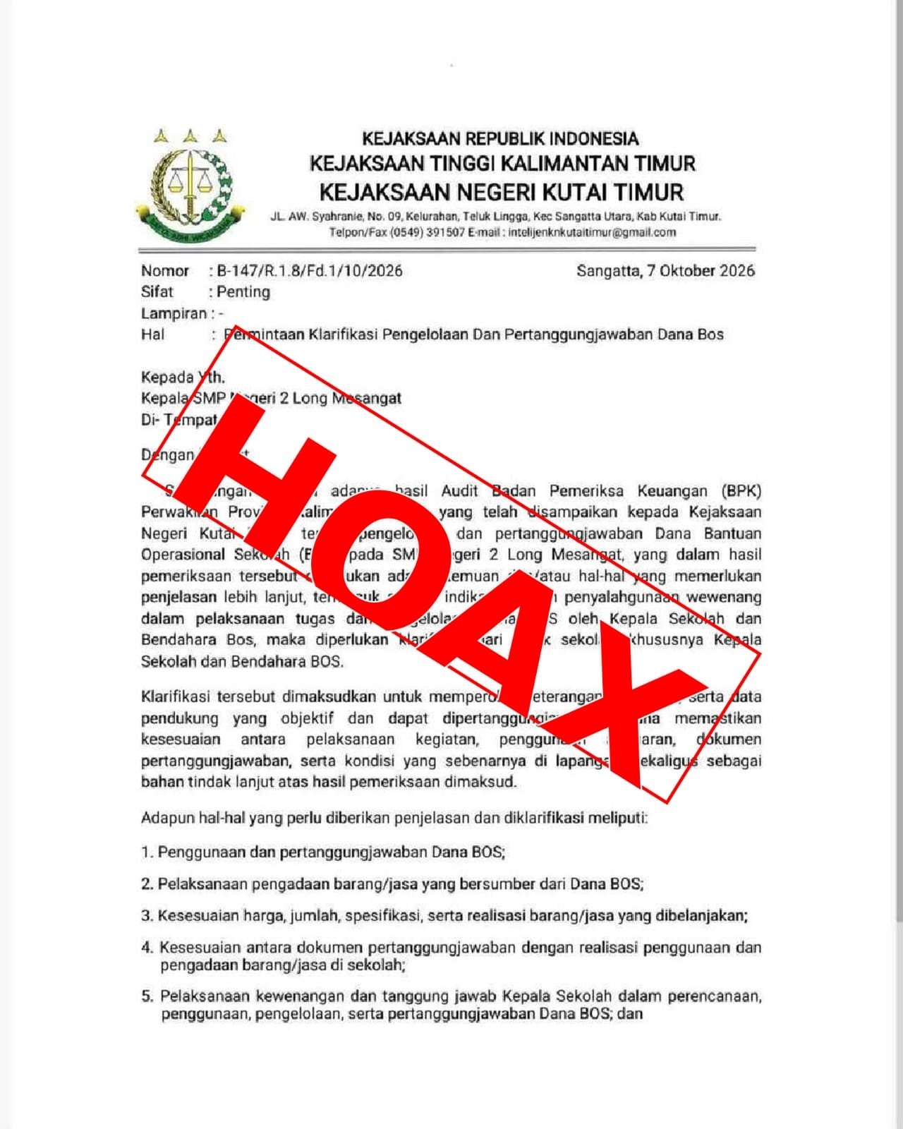 Surat Klarifikasi Dana BOS Beredar, Kejari Kutim Sebut Itu Palsu !